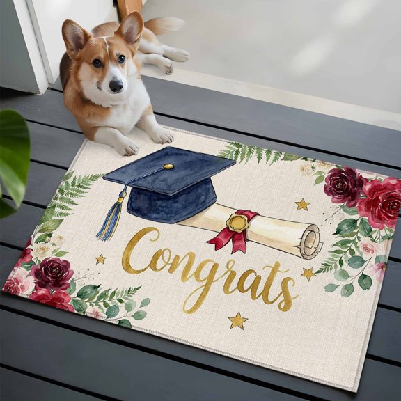 Graduate Season Front Door Rugs 2x3 ft Congrats Grad Bachelor's Cap Flower Leaf Star Small Rug for Entryway Non Slip Washable Bathroom Door Mat Absorbent Floor Mat for Indoor Entrance