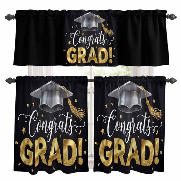 Graduate Season Kitchen Curtains Set for Windows, Congrats Grad Bachelor's Cap Celebration Black Curtains Valance and Tier 3 Piece Set Small Drapes 24 Inch Length for Kitchen Bedroom Decor