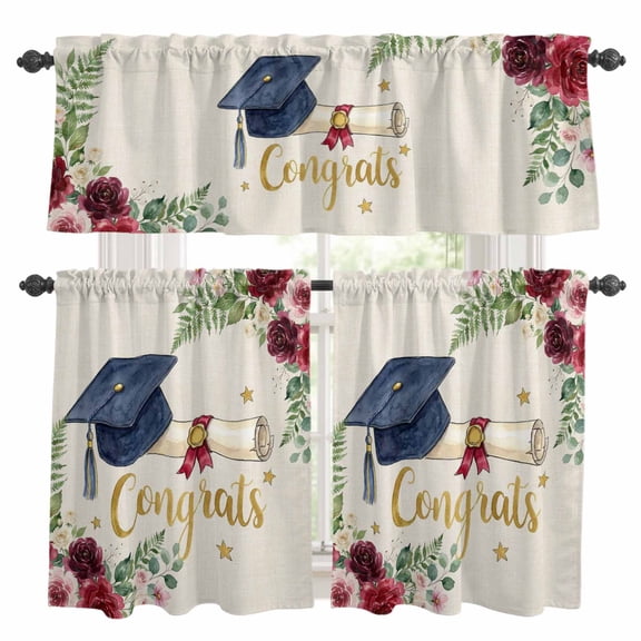 Graduate Season Kitchen Curtains Set for Windows, Congrats Grad Bachelor's Cap Flower Leaf Star Curtains Valance and Tier 3 Piece Set Small Drapes 24 Inch Length for Kitchen Bedroom Decor
