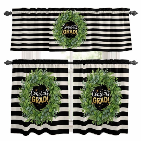 Graduate Season Kitchen Curtains Set for Windows, Congrats Grad Bachelor's Cap Leaf Wreath Black Stripes Curtains Valance and Tier 3 Piece Set Small Drapes 24 Inch Length for Kitchen Bedroom Decor