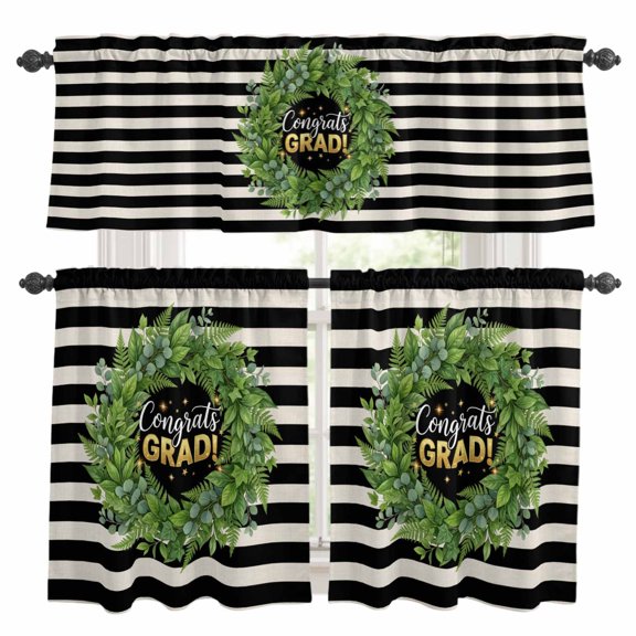 Graduate Season Kitchen Curtains Valances and Tiers Set of 3 Congrats Grad Bachelor's Cap Leaf Wreath Black Stripes Tier Curtains and Valance with Rod Pocket for Small Windows, 27.5"x24"