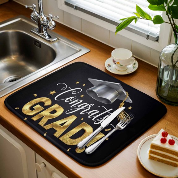 Graduate Season Kitchen Drying Mat 1 Pack, Congrats Grad Bachelor's Cap Celebration Black Absorbent Dish Drying Mat Drying Pad Drainer for Kitchen Counter Sink 16 X 18 Inch, Machine Washable