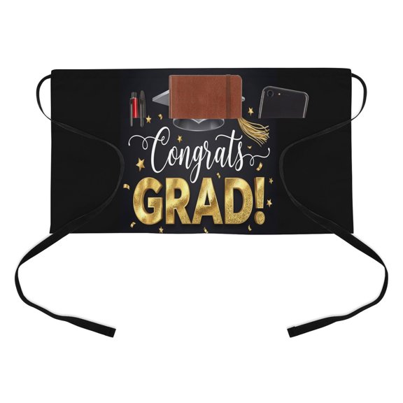 Graduate Season Kitchen Restaurant Half Waist Apron, Congrats Grad Bachelor's Cap Celebration Black Server Short Apron with 3 Pockets Waterproof Oil Waist Aprons for Women Waitress Waiter