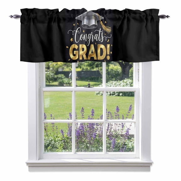 Graduate Season Light Filtering Valance Curtains, Congrats Grad Bachelor's Cap Celebration Black Rod Pocket Short Window Valance for Kitchen and Bathroom Windows 1 Panel 42"x12"