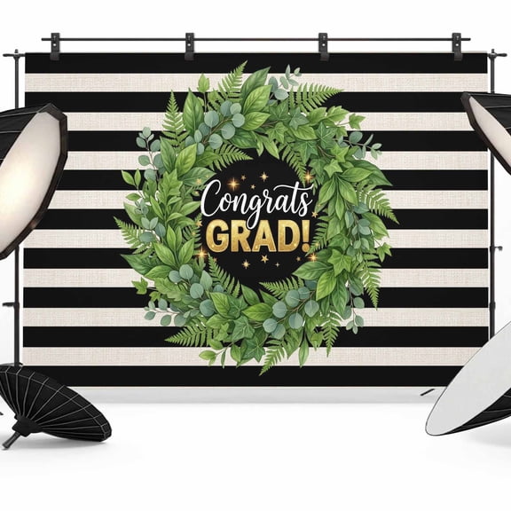 Graduate Season Photography Backdrop 10x8FT, Congrats Grad Bachelor's Cap Leaf Wreath Black Stripes Photo Backdrops, Background for Photography Studio, Back Drop for Photoshoot