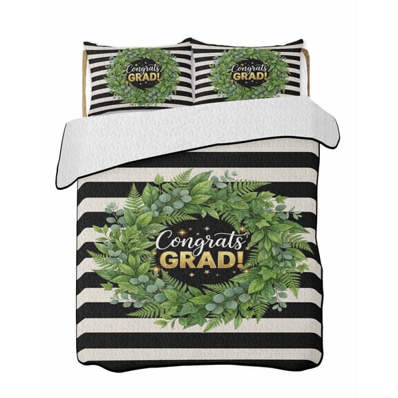 Graduate Season Quilts Bedding Set Twin Size Congrats Grad Bachelor's Cap Leaf Wreath Black Stripes Lightweight Quilted Bedspread 3 Piece Bed Quilt with 2 Pillow Shams for Bedroom 68" x 86"