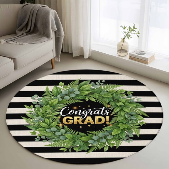 Graduate Season Round Living Room Rugs 4 ft, Congrats Grad Bachelor's Cap Leaf Wreath Black Stripes Washable Area Rug with Non-Slip Sturdy Edge Binding Round Carpet for Entryway Kitchen Bathroom