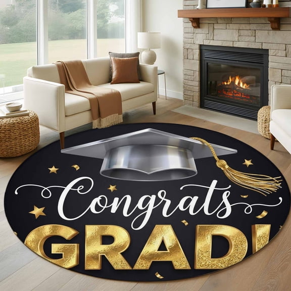 Graduate Season Round Living Room Rugs 7 ft, Congrats Grad Bachelor's Cap Celebration Black Washable Area Rug with Non-Slip Sturdy Edge Binding Round Carpet for Kitchen Office Bedroom