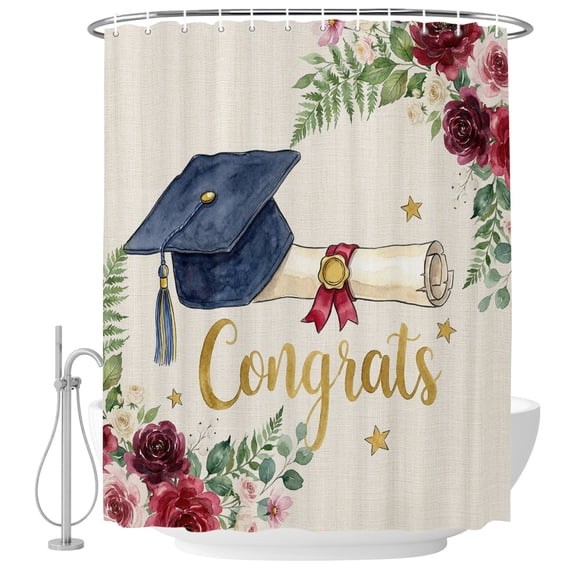 Graduate Season Shower Curtain for Bathroom, Congrats Grad Bachelor's Cap Flower Leaf Star Waterproof Machine Washable Shower Curtain Set with Hooks, Bath Decoration for Home Bathtub Stall 36"x72"