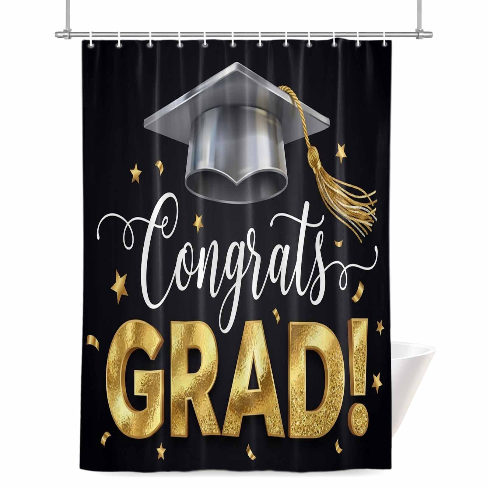 Graduate Season Shower Curtain, Congrats Grad Bachelor's Cap Celebration Black Waterproof Shower Curtain Set with 12 Hooks Lightweight Bath Curtains Fabric Bathroom Decor 72x78 Inches