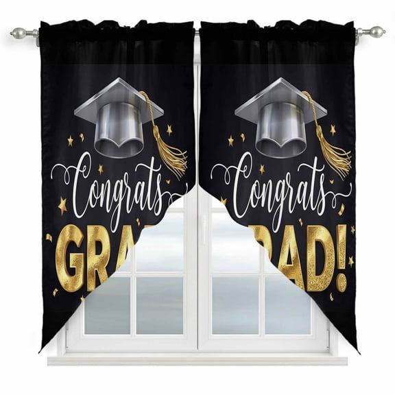 Graduate Season Swag Curtain Valance for Window 2 Panels Congrats Grad Bachelor's Cap Celebration Black Rod Pocket Small Window Swag Valances for Kitchen Bedroom Bathroom 28" W x 36" L