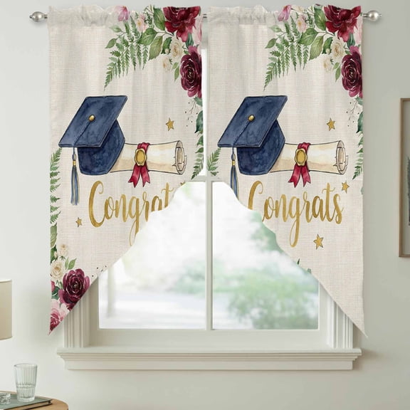 Graduate Season Swag Kitchen Curtain Valances, Congrats Grad Bachelor's Cap Flower Leaf Star Rod Pocket Curtains Window Treatment Decor Valances for Bedroom Bathroom, 2 Panels 28 x 36 Inch