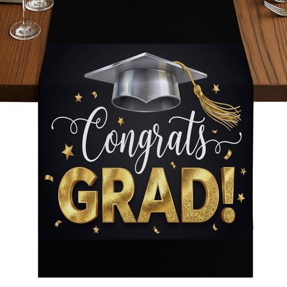 Graduate Season Table Runner 48 Inches Long, Congrats Grad Bachelor's Cap Celebration Black Cotton Linen Dining Table Runner Dresser Scarves for Home Kitchen Party Decor 13"x48"