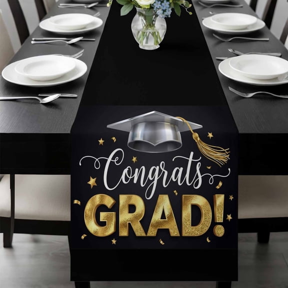 Graduate Season Table Runner, Congrats Grad Bachelor's Cap Celebration Black Washable Cotton-linen Table Runners Dining Kitchen Decoration for Everyday Home Wedding Party Decor, 13 x 36 Inch