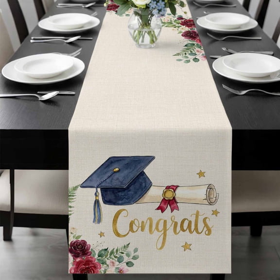 Graduate Season Table Runner, Congrats Grad Bachelor's Cap Flower Leaf Star Washable Cotton-linen Table Runners Dining Kitchen Decoration for Everyday Home Wedding Party Decor, 13 x 36 Inch