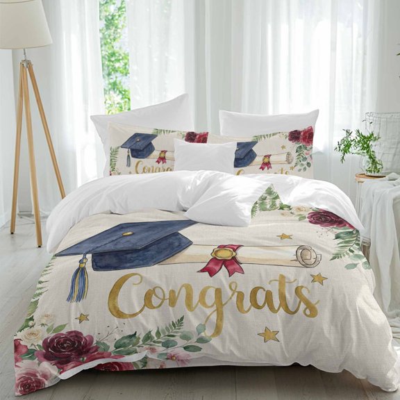 Graduate Season Twin Duvet Cover Set, Congrats Grad Bachelor's Cap Flower Leaf Star 4 Piece Microfiber Bedding Set with Zipper Closure, Bed Sheet and 2 Pillow Shams, Soft Bedding Cover