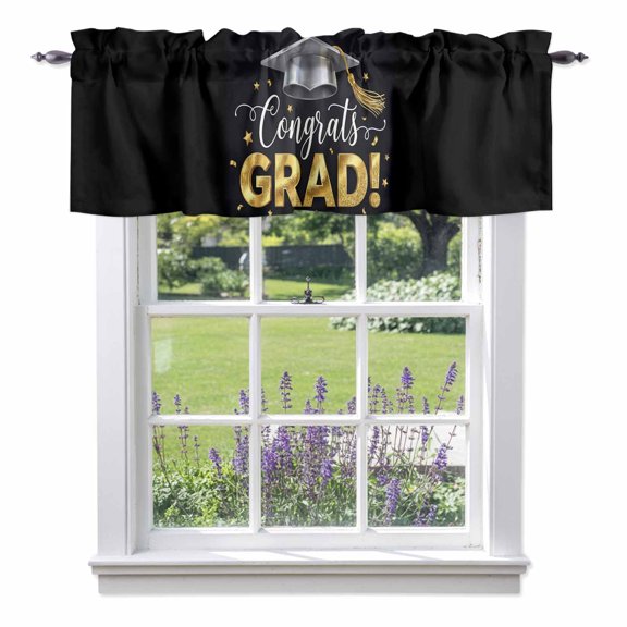 Graduate Season Valance Curtain Congrats Grad Bachelor's Cap Celebration Black Window Valances Rod Pocket Short Curtains Window Treatments for Kitchen Bedroom Bathroom Laundry 42" x 12"