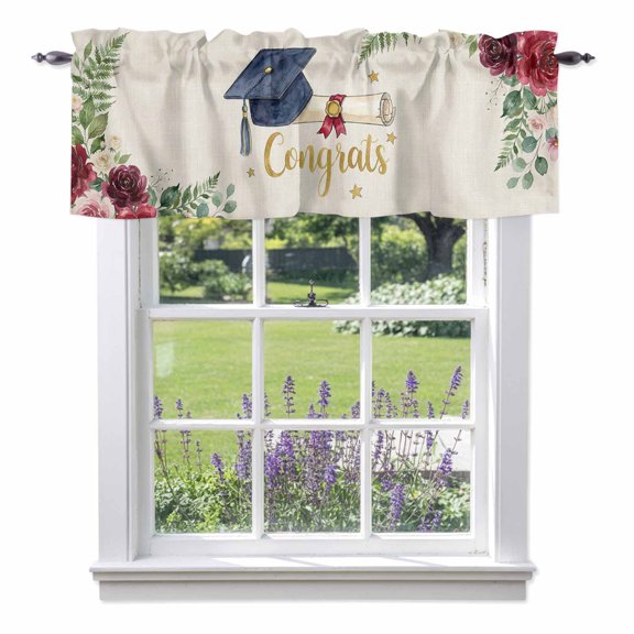 Graduate Season Valance Curtain Congrats Grad Bachelor's Cap Flower Leaf Star Window Valances Rod Pocket Short Curtains Window Treatments for Kitchen Bedroom Bathroom Laundry 42" x 12"