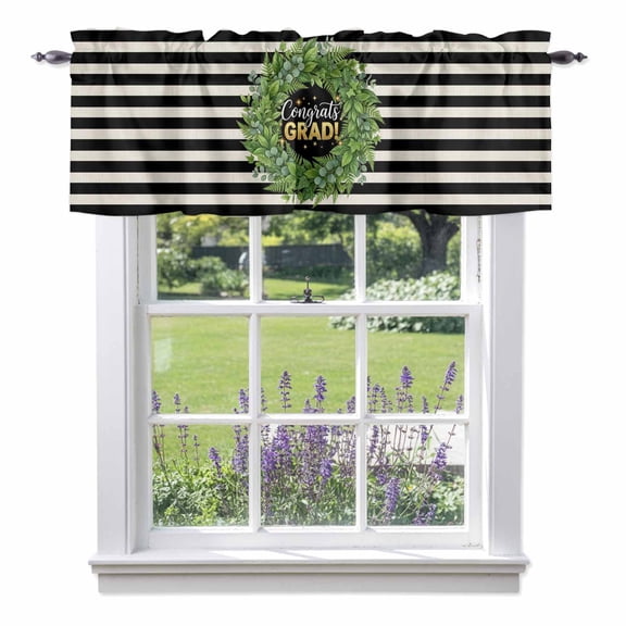 Graduate Season Valance Curtain Congrats Grad Bachelor's Cap Leaf Wreath Black Stripes Window Valances Rod Pocket Short Curtains Window Treatments for Kitchen Bedroom Bathroom Laundry 42" x 12"