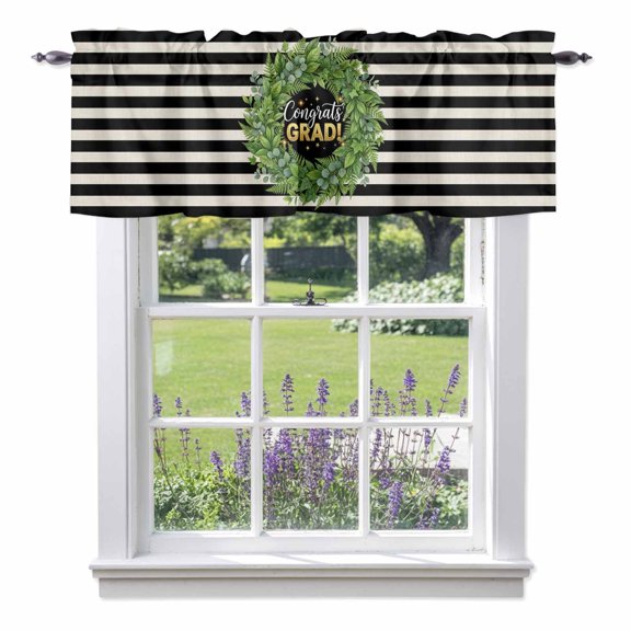 Graduate Season Valance Curtain for Windows Congrats Grad Bachelor's Cap Leaf Wreath Black Stripes Rod Pocket Curtain Valances Short Window Treatments for Kitchen Bathroom Laundry 42 x 12 Inch