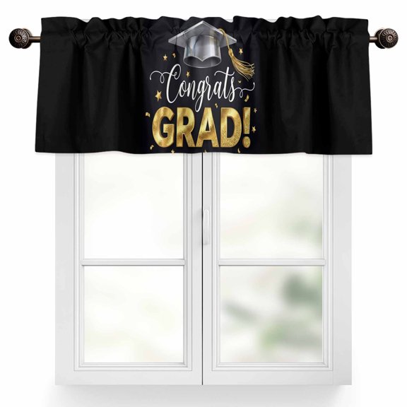Graduate Season Valances for Windows Congrats Grad Bachelor's Cap Celebration Black Valance Curtains Rod Pocket Bathroom Small Window Treatments for Kitchen Living Room Bedroom, 42"x12"