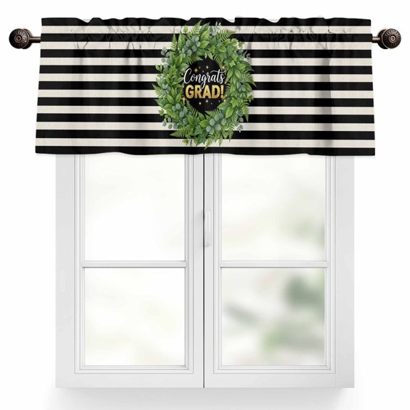 Graduate Season Valances for Windows Congrats Grad Bachelor's Cap Leaf Wreath Black Stripes Valance Curtains Rod Pocket Bathroom Small Window Treatments for Kitchen Living Room Bedroom, 42"x12"