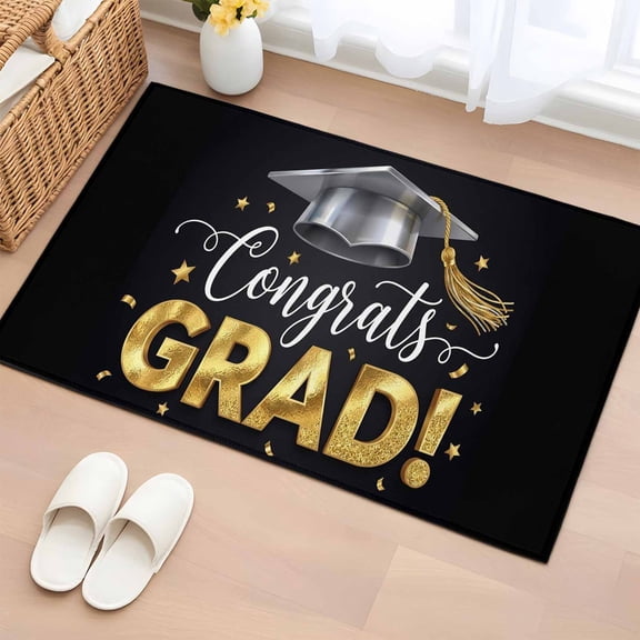 Graduate Season Washable Small Entryway Area Rugs 2'x3', Congrats Grad Bachelor's Cap Celebration Black Low Pile Throw Rug Non-Slip Sturdy Edge Binding Carpet for Front Door Floor Room Entry