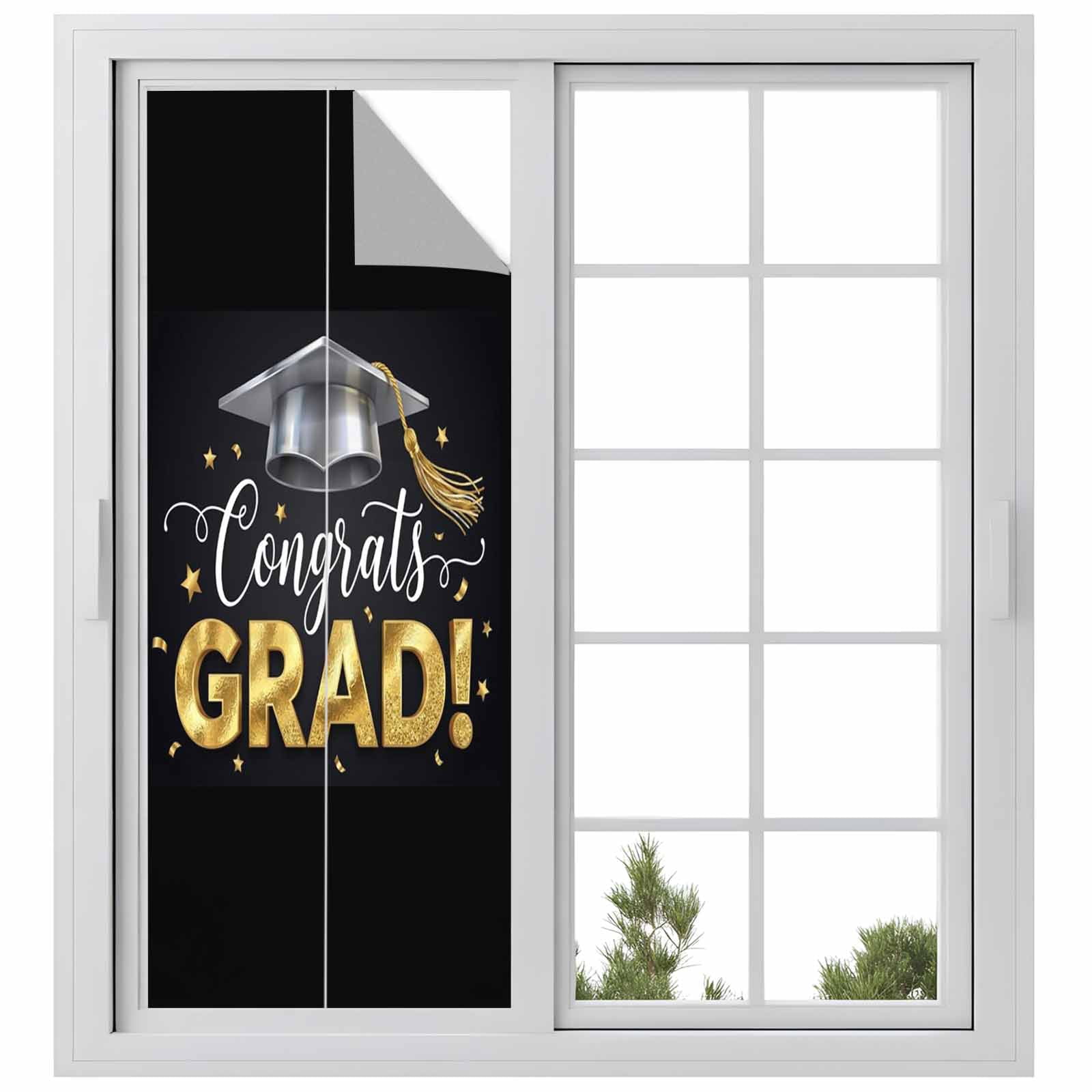 Graduate Season Window Privacy Film, Congrats Grad Bachelor's Cap Celebration Black Frosted Glass Window Clings Static Cling UV Heat Blocking Reusable Door Sticker for Bathroom 23.6 x 59 Inch