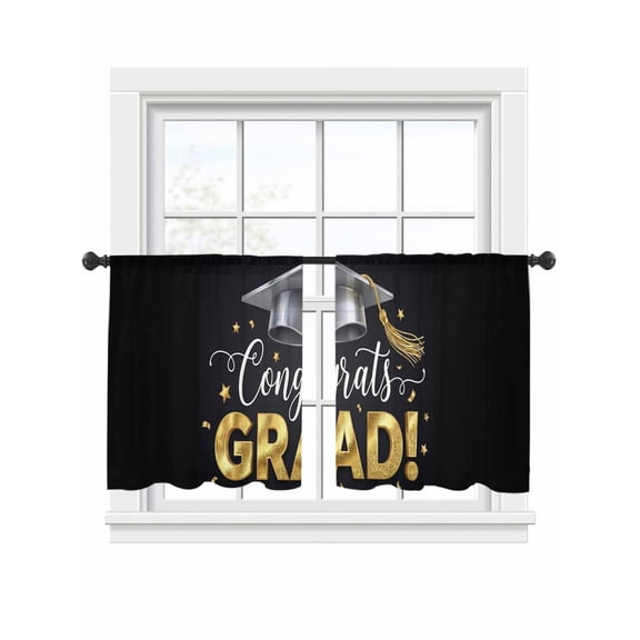 Graduate Season Window Sheer Curtain Congrats Grad Bachelor's Cap Celebration Black Semi Curtain Sheers Light Filtering Rod Pocket Voile Drapes for Bedroom Kitchen Living Room 52 X 45 Inch, 2 Panels