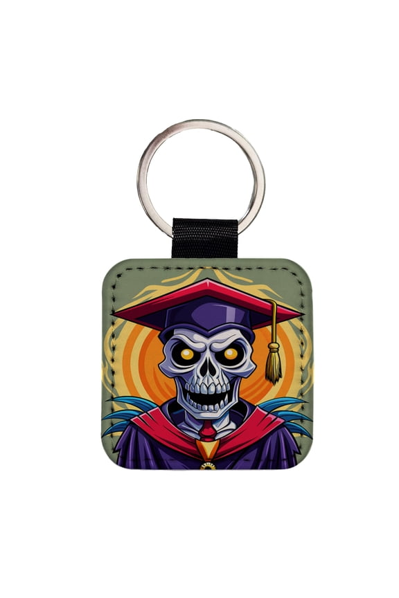 Graduate Skeleton Graduation Scary Faux Leather Square Keychain