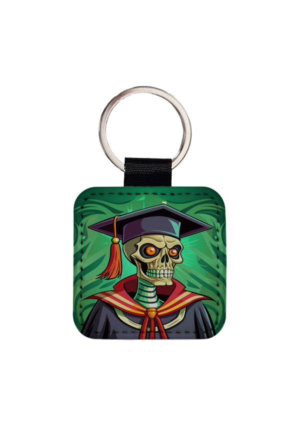Graduate Skeleton Scary Graduation Faux Leather Square Keychain