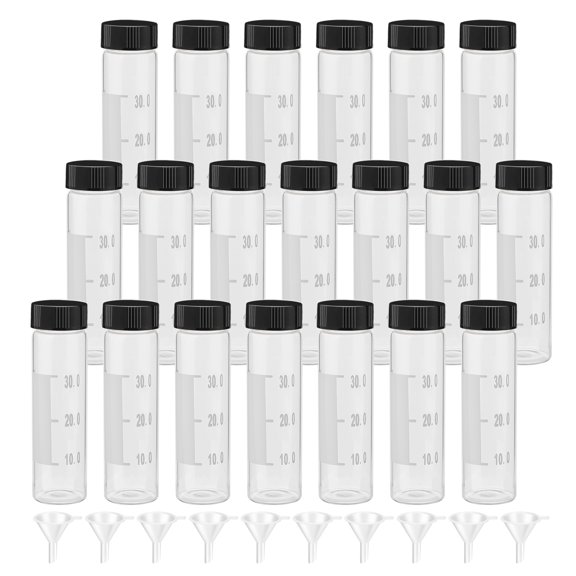 Graduated Borosilicate Glass Clear Vial 27mm Diameter 95mm Height 40mL with Black Screw Caps, 10 Funnels and Writing Patch 20pack