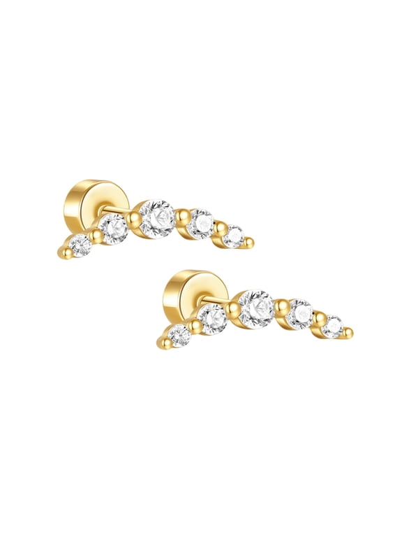 Graduated CZ Crawler Flat Back Earrings for Cartilage Helix Tragus Lobe Gold Plated Sterling Silver 1 pair by Ginger Lyne