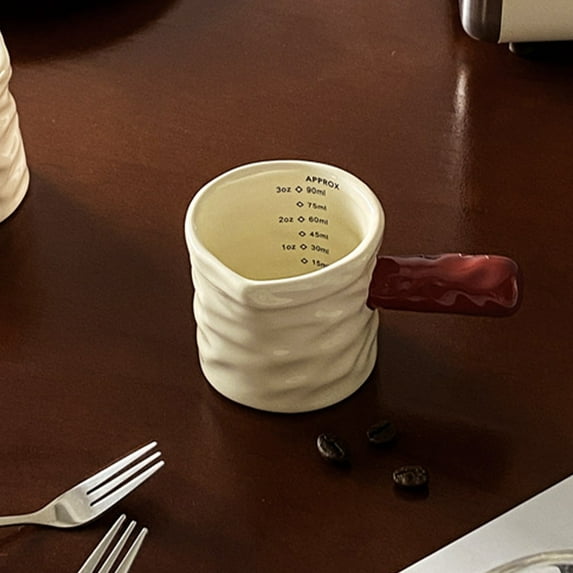 Graduated Ceramic Milk and Coffee Measuring Cup with Wood Handle for Espresso and Kitchen Use