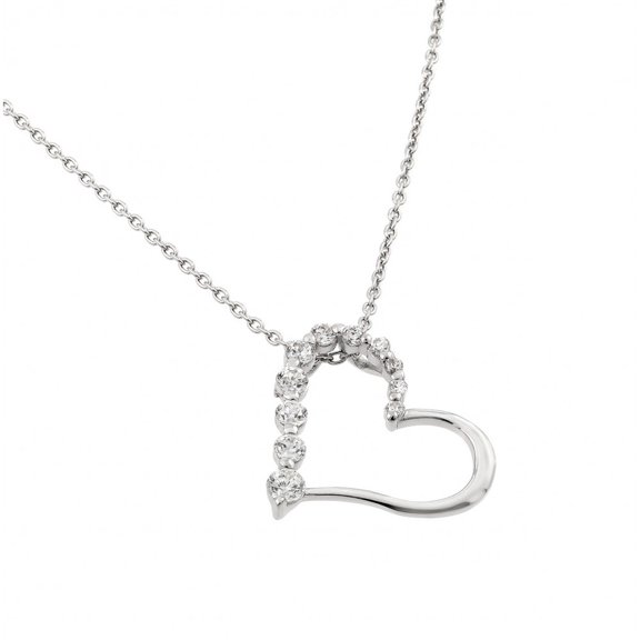 Graduated Clear Cubic Zirconia Half Plain Heart Necklace Rhodium Plated Sterling Silver
