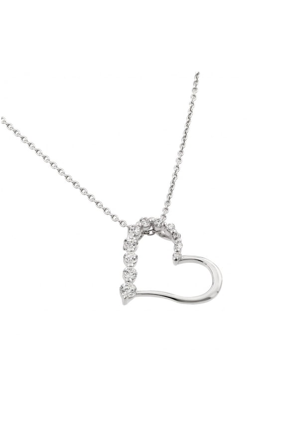 Graduated Clear Cubic Zirconia Half Plain Heart Necklace Rhodium Plated Sterling Silver