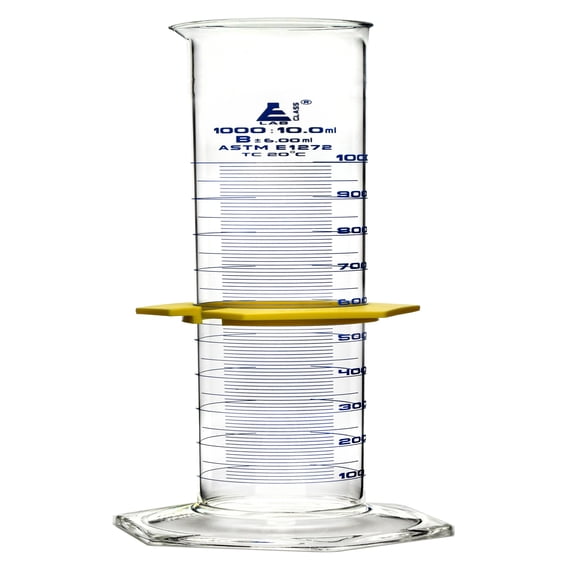 Graduated Cylinder, 1000mL - ASTM, Class B Tolerance 6.00mL - Protective Collar, Hexagonal Base - Blue Graduations - Borosilicate 3.3 Glass - Eisco Labs