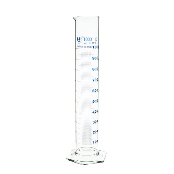 Graduated Cylinder, 1000ml - Class A Tolerance ?5.00ml - Hexagonal Base - Blue Graduations - Borosilicate 3.3 Glass - Eisco Labs