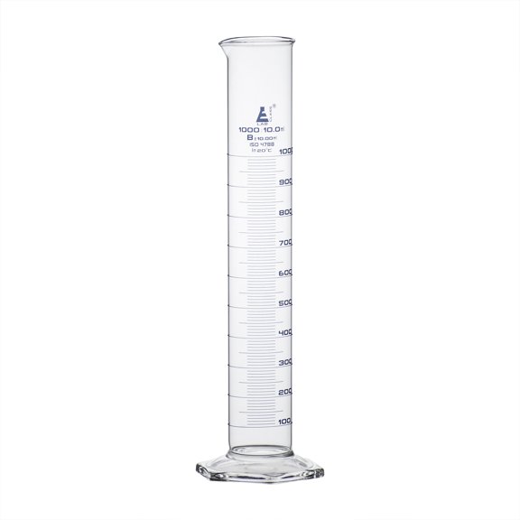 Graduated Cylinder, 1000ml - Class B Tolerance ?10.0ml - Hexagonal Base - Blue Graduations - Borosilicate 3.3 Glass - Eisco Labs