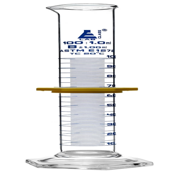 Graduated Cylinder, 100mL - ASTM, Class B Tolerance 1.00mL - Protective Collar, Hexagonal Base - Blue Graduations - Borosilicate 3.3 Glass - Eisco Labs