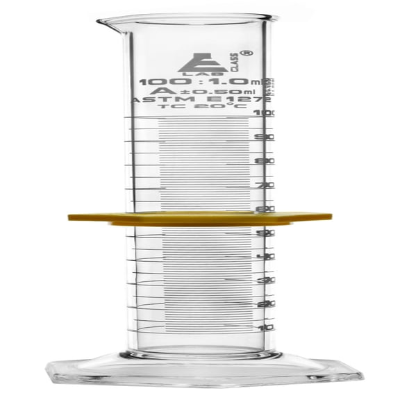 Graduated Cylinder, 100mL - ASTM, Class A Tolerance 0.50mL - Protective Collar, Hexagonal Base - White Graduations - Borosilicate 3.3 Glass - Eisco Labs