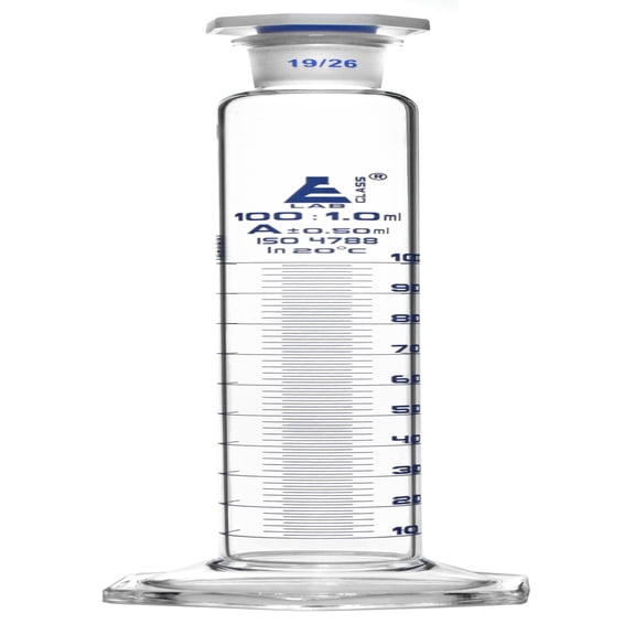 Graduated Cylinder, 100mL - Class Tolerance 0.50mL - 19/26 Polypropylene Stopper - Hexagonal Base, Blue Graduations - Borosilicate Glass - Eisco Labs