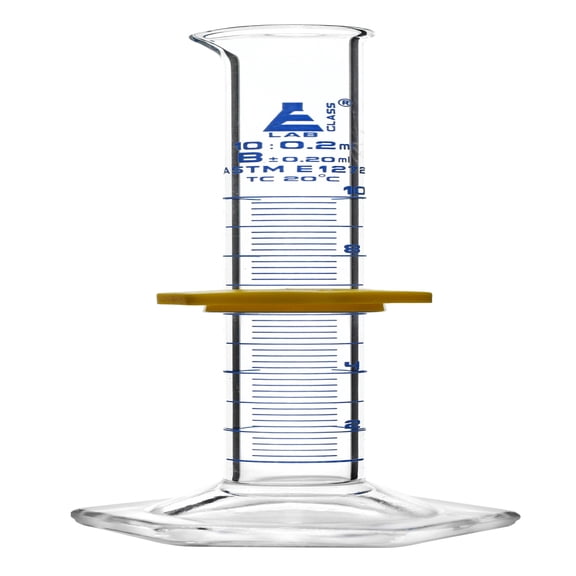 Graduated Cylinder, 10mL - ASTM, Class B Tolerance 0.20mL - Protective Collar, Hexagonal Base - Blue Graduations - Borosilicate 3.3 Glass - Eisco Labs
