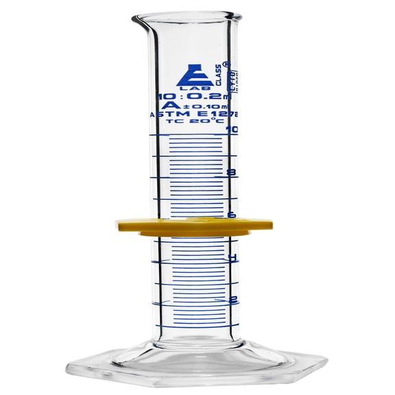 Graduated Cylinder, 10mL - ASTM, Class A Tolerance 0.10mL - Protective Collar, Hexagonal Base - Blue Graduations - Borosilicate 3.3 Glass - Eisco Labs