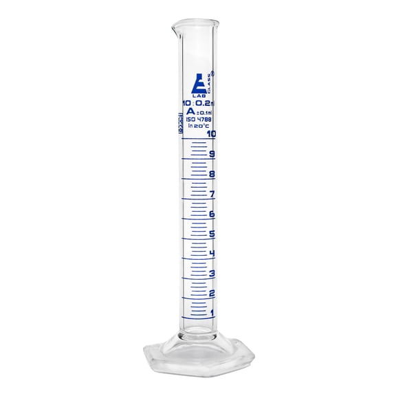 Graduated Cylinder, 10ml - Class A Tolerance 0.10ml - Hexagonal Base - Blue Graduations - Borosilicate 3.3 Glass - Eisco Labs