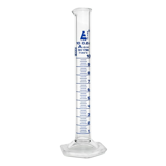 Graduated Cylinder, 10ml - Class A Tolerance ?0.10ml - Hexagonal Base - Blue Graduations - Borosilicate 3.3 Glass - Eisco Labs