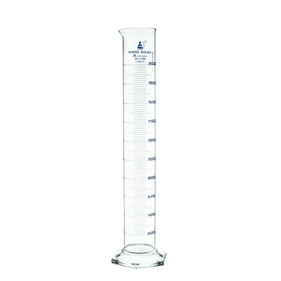 Graduated Cylinder, 2000ml - Class A Tolerance ?10.0ml - Hexagonal Base - Blue Graduations - Borosilicate 3.3 Glass - Eisco Labs