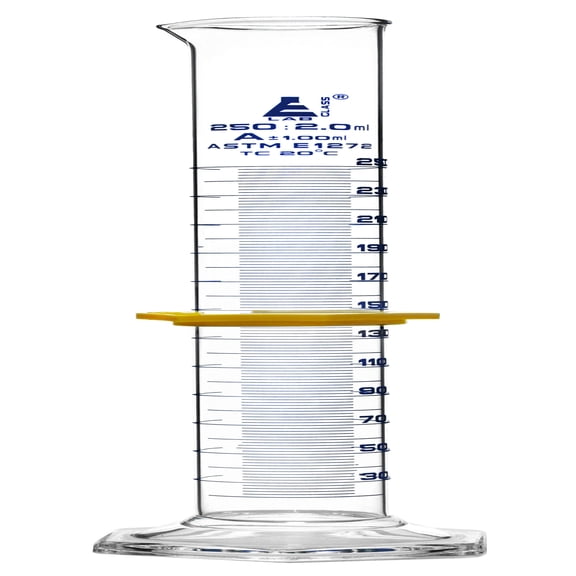 Graduated Cylinder, 250mL - ASTM, Class A Tolerance 1.00mL - Protective Collar, Hexagonal Base - Blue Graduations - Borosilicate 3.3 Glass - Eisco Labs