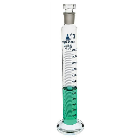 Graduated Cylinder, 250mL - Class A - 24/29 Socket - Polypropylene Stopper - Round Base, Blue Graduations - Borosilicate Glass - Eisco Labs