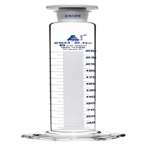 Graduated Cylinder, 250mL - Class B - 24/29 Polypropylene Stopper - Hexagonal Base - Blue Graduations - Borosilicate Glass - Eisco Labs